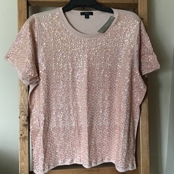 NWT J Crew Sequined T-shirt Rose Pink, XL - Picture 2 of 6